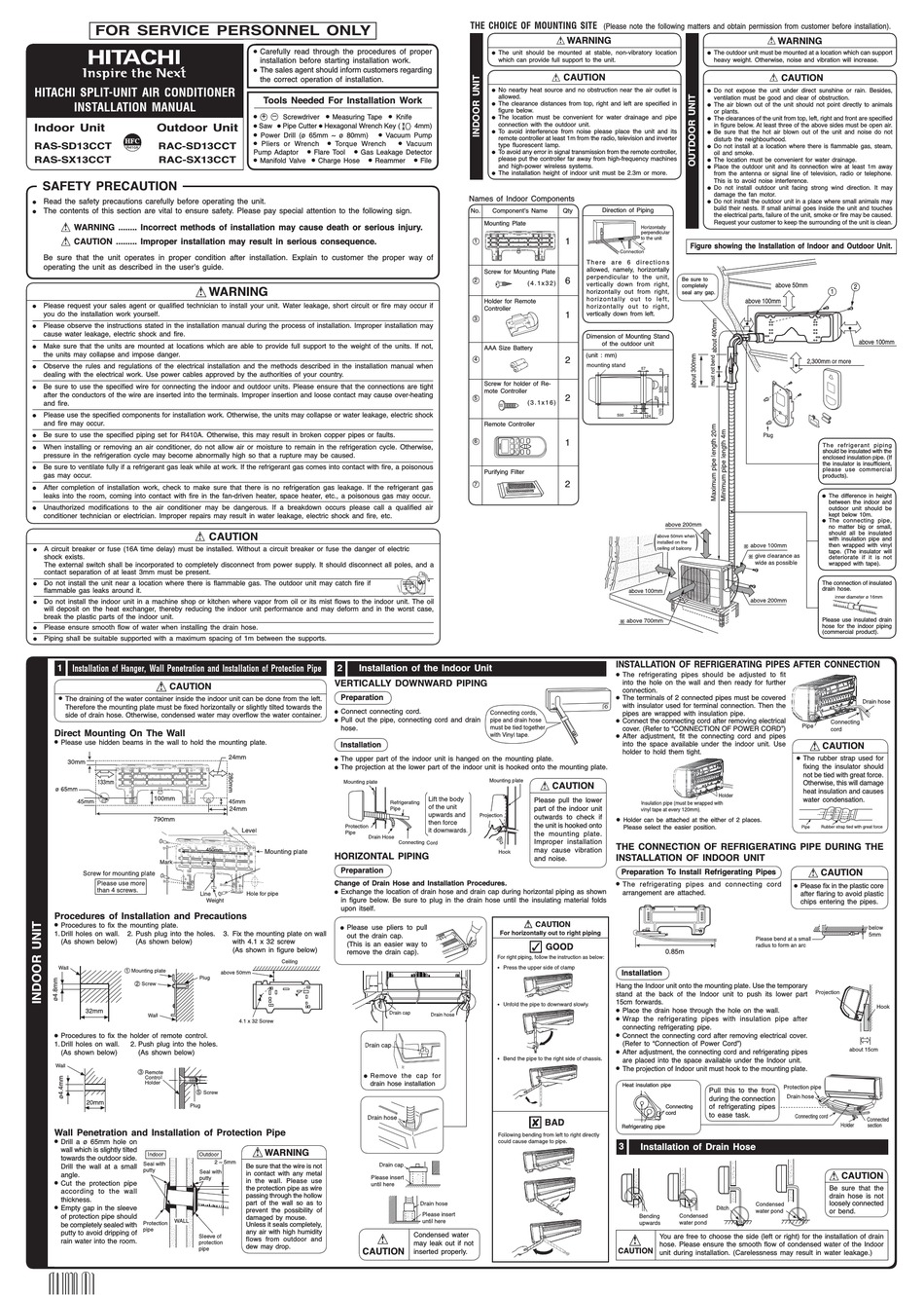 HITACHI RAS-SD13CCT INSTALLATION MANUAL Pdf Download | ManualsLib