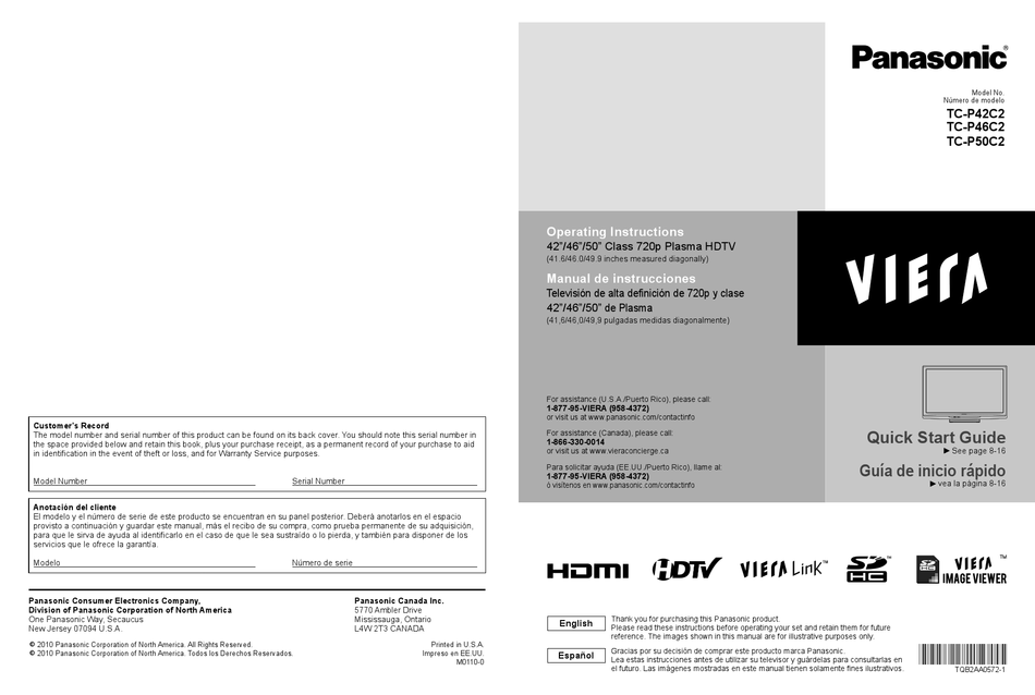 PANASONIC VIERA TCP42C2 OPERATING INSTRUCTIONS MANUAL Pdf Download