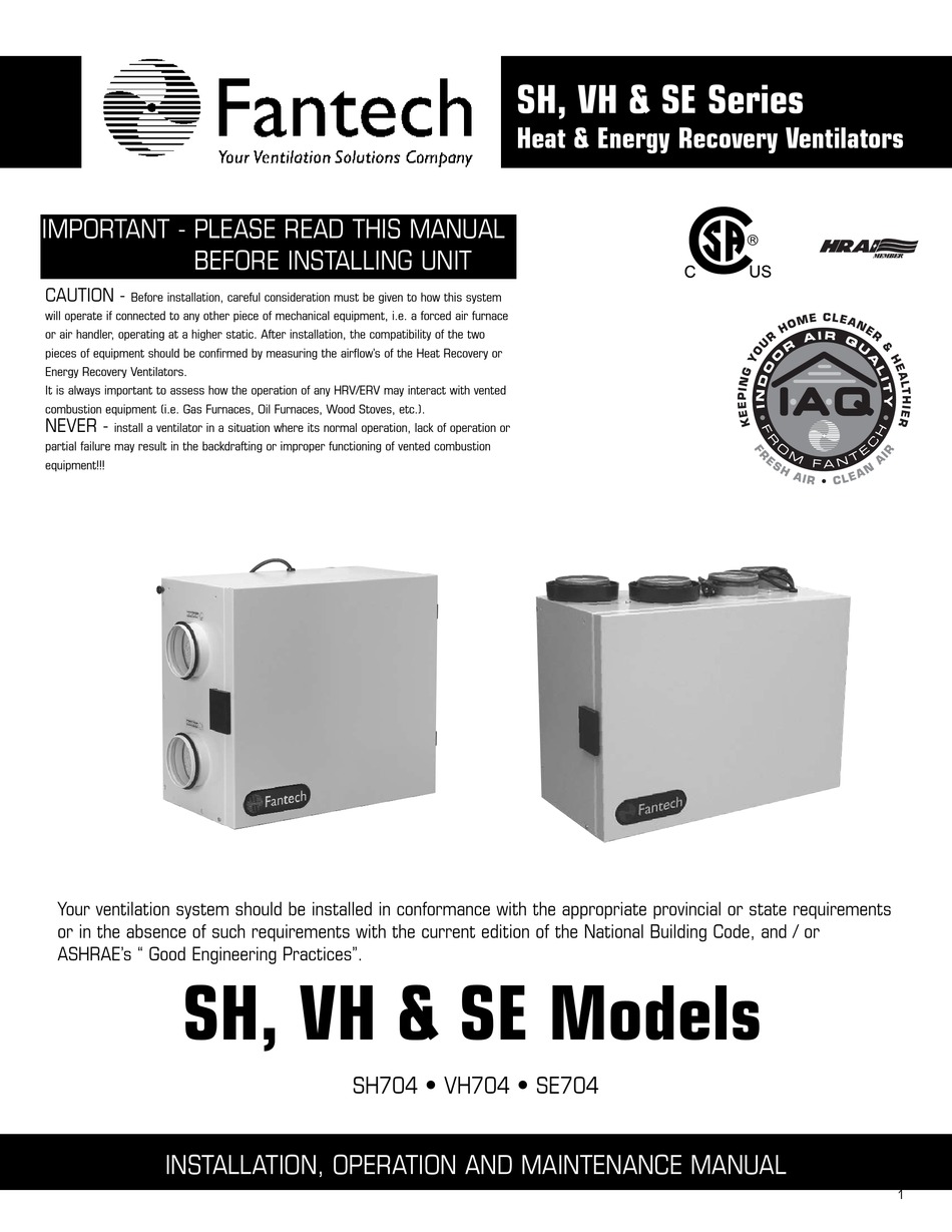 FANTECH SH704 INSTALLATION, OPERATION AND MAINTENANCE MANUAL Pdf