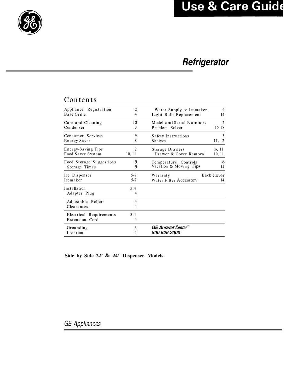 GE SIDE BY SIDE 22’ & 24’ USE & CARE MANUAL Pdf Download ManualsLib