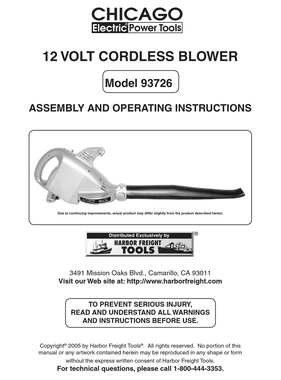 CHICAGO ELECTRIC 93726 ASSEMBLY AND OPERATING INSTRUCTIONS MANUAL Pdf