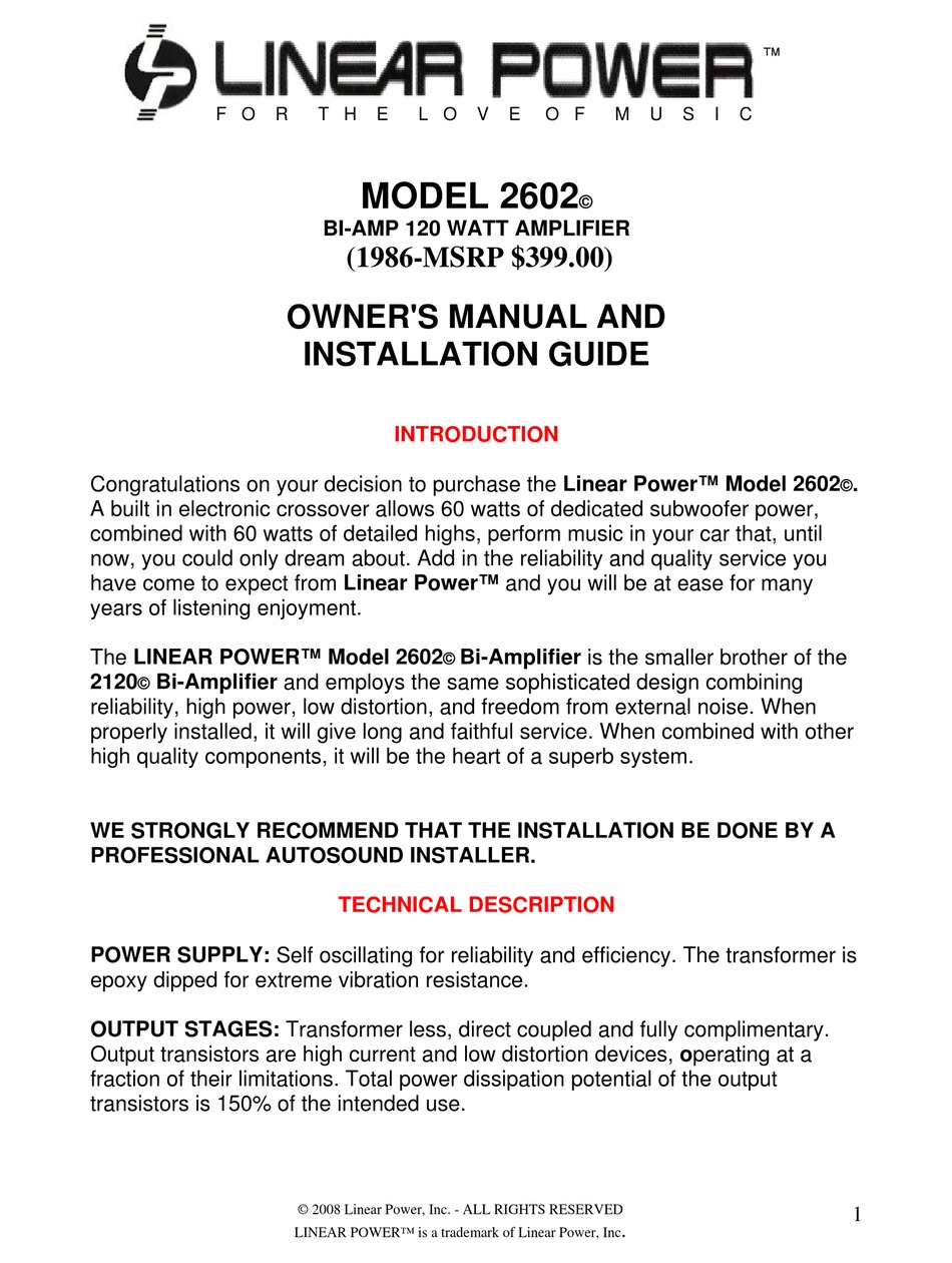 LINEAR POWER 2602 OWNER