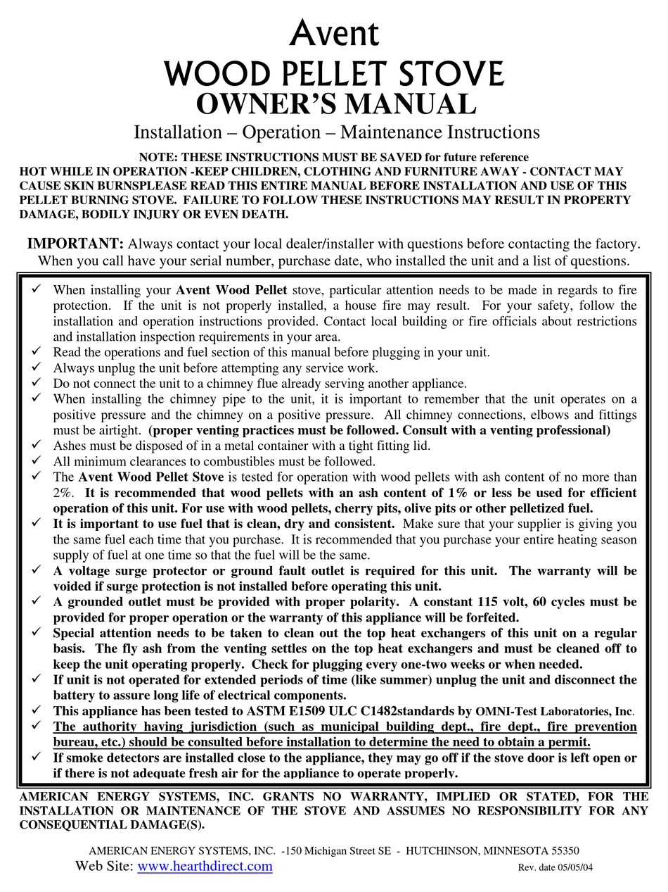 AMERICAN ENERGY SYSTEMS WOOD PELLET STOVE OWNER'S MANUAL Pdf Download |  ManualsLib