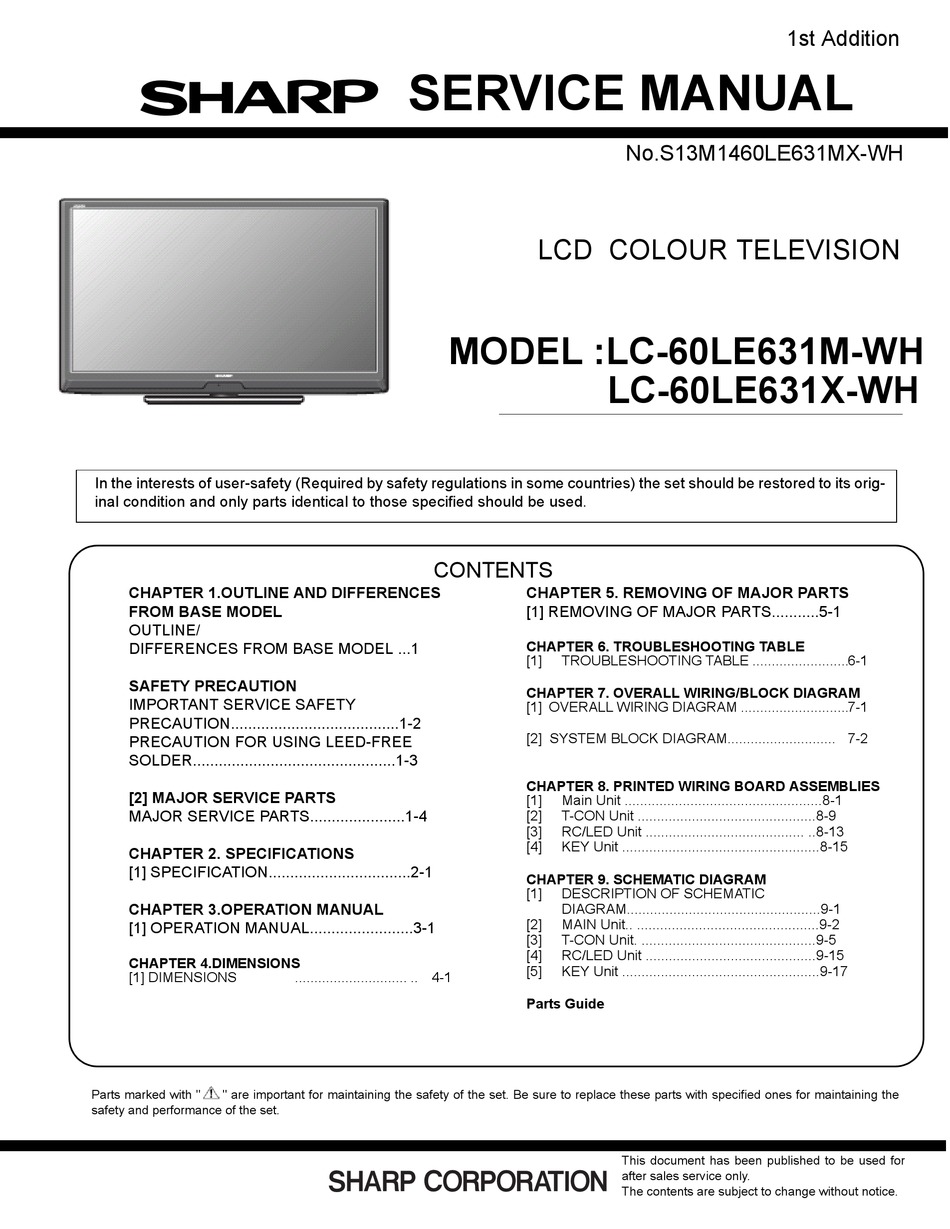 SHARP LC-60LE631M-WH SERVICE MANUAL Pdf Download | ManualsLib