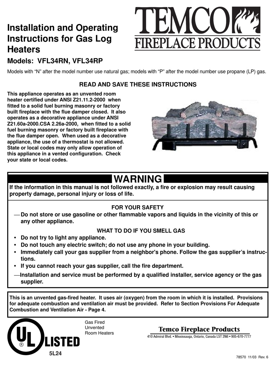 Log Assembly; Fireplace Screen - Temco VFL34RN Installation And Operating  Instructions Manual [Page 10] | ManualsLib