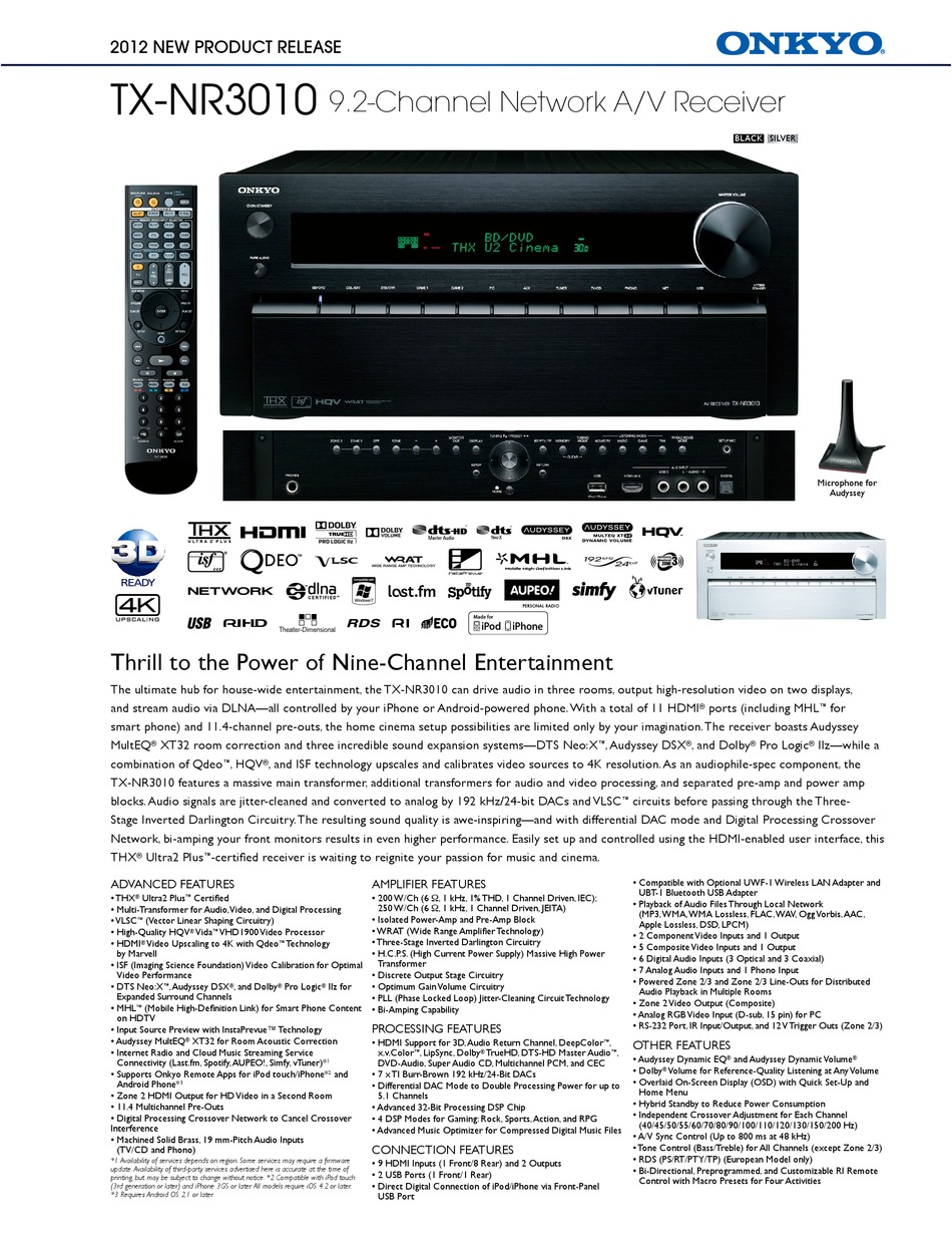 Onkyo Tx Nr3010 Specifications Pdf Download Manualslib