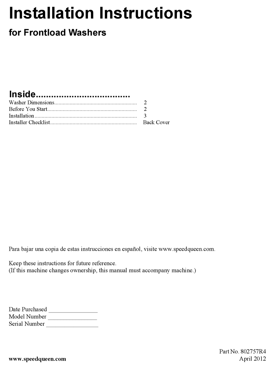 SPEED QUEEN 802757R4 INSTALLATION INSTRUCTIONS MANUAL Pdf Download