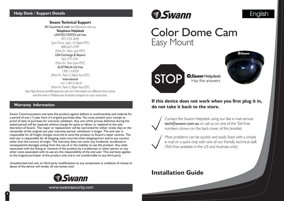 SWANN COLOR DOME CAMERA INSTALLATION MANUAL Pdf Download ManualsLib