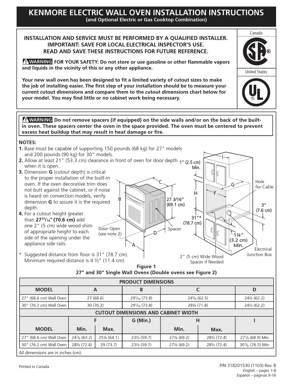 KENMORE ELECTRIC WALL OVEN INSTALLATION INSTRUCTIONS MANUAL Pdf ...
