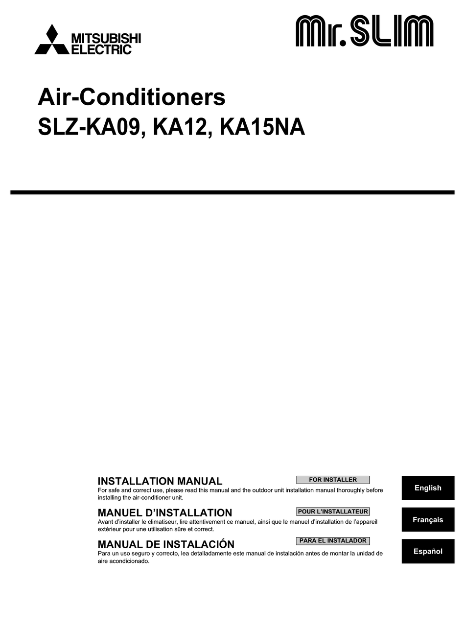 MITSUBISHI ELECTRIC MR.SLIM SLZ-KA09 INSTALLATION MANUAL Pdf Download