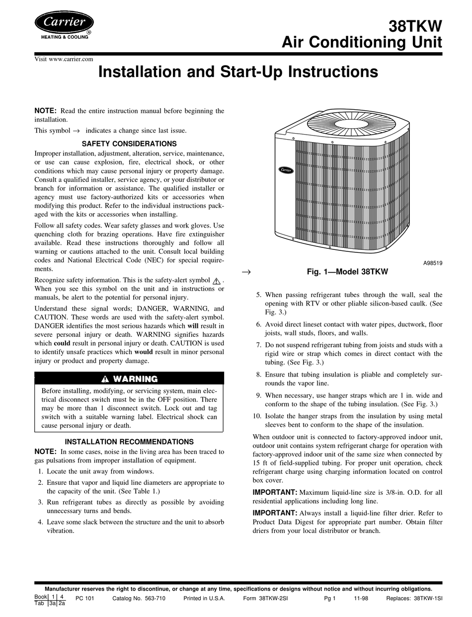 CARRIER 38TKW SERIES INSTALLATION AND START-UP INSTRUCTIONS MANUAL Pdf ...