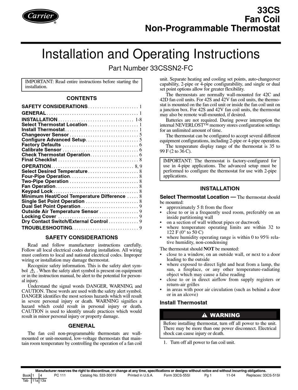 CARRIER 33CS INSTALLATION AND OPERATING INSTRUCTIONS MANUAL Pdf