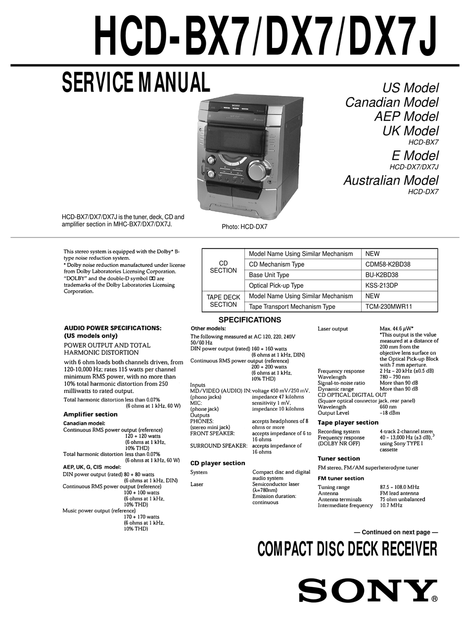 SONY HCD-BX7 SERVICE MANUAL Pdf Download | ManualsLib
