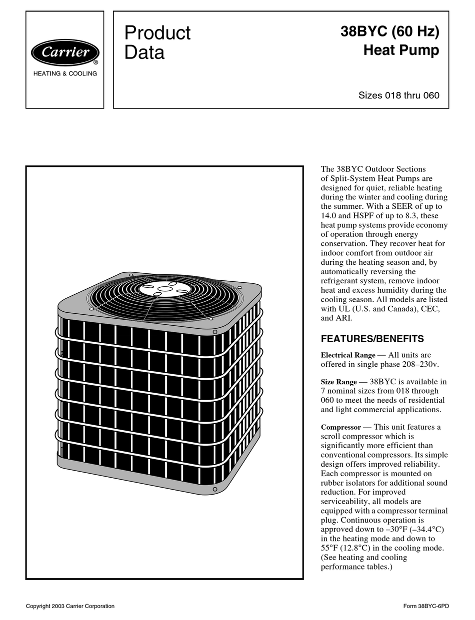CARRIER 38BYC PRODUCT DATA Pdf Download | ManualsLib