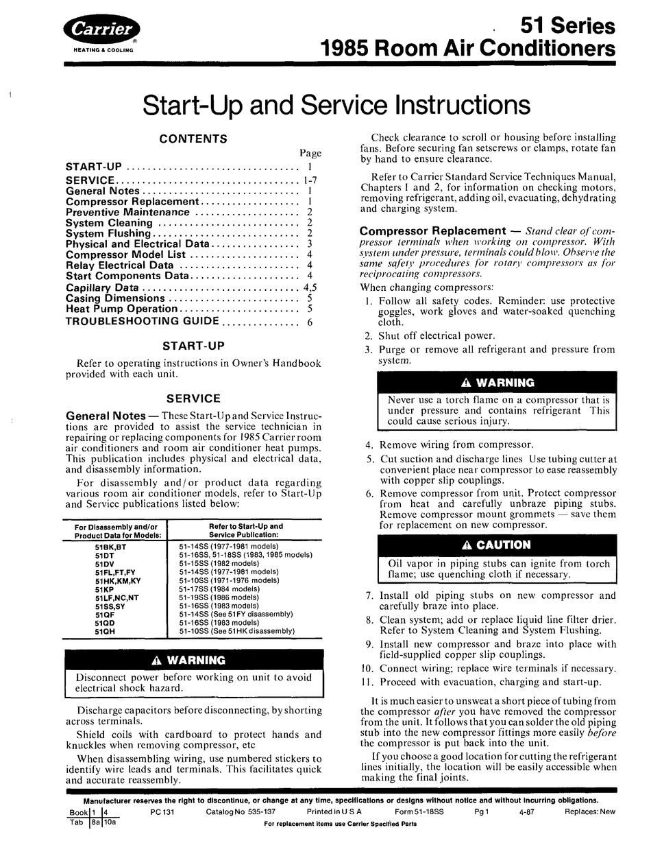 CARRIER 1985 START-UP AND SERVICE INSTRUCTIONS Pdf Download | ManualsLib