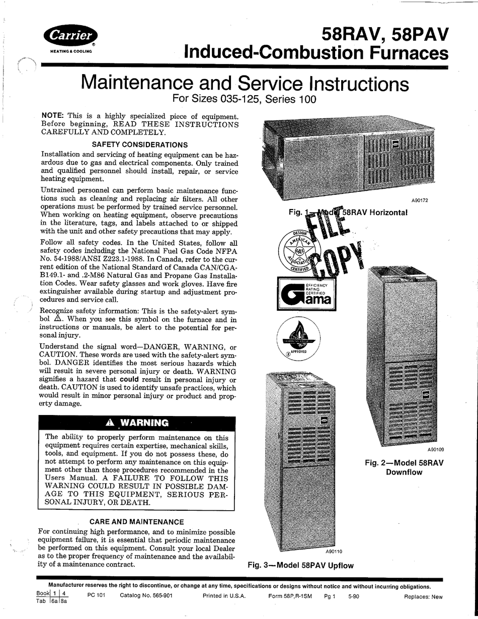 CARRIER 58RAV SERIES MAINTENANCE AND SERVICE INSTRUCTIONS Pdf Download