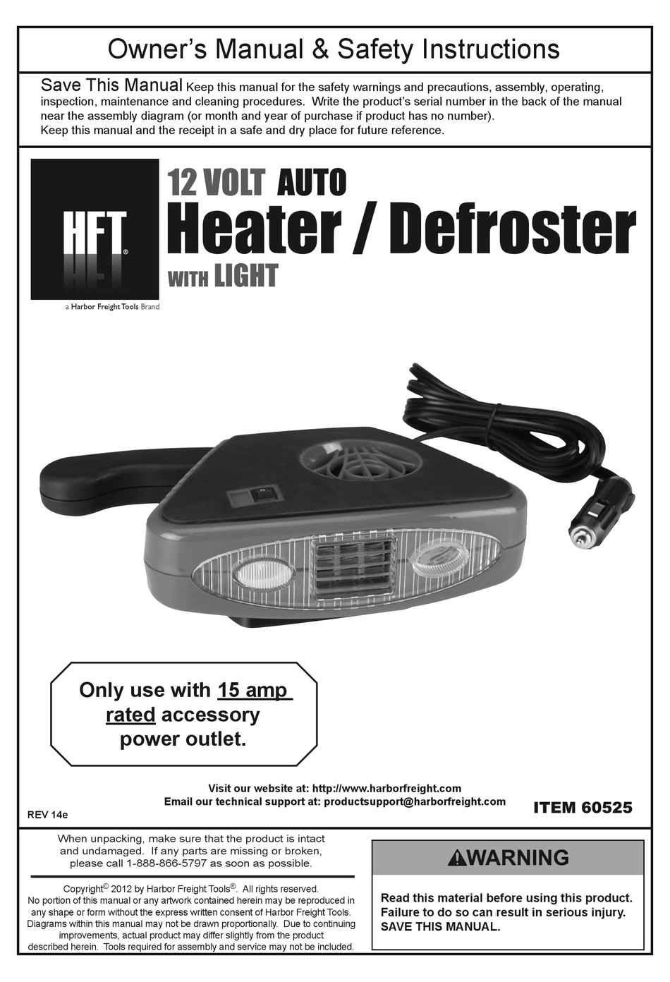 HARBOR FREIGHT TOOLS 60525 OWNER�S MANUAL &amp; SAFETY