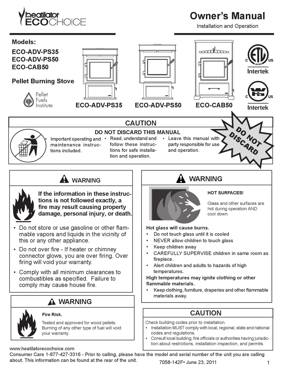 HEATILATOR ECO-ADV-PS35 OWNER'S MANUAL Pdf Download | ManualsLib