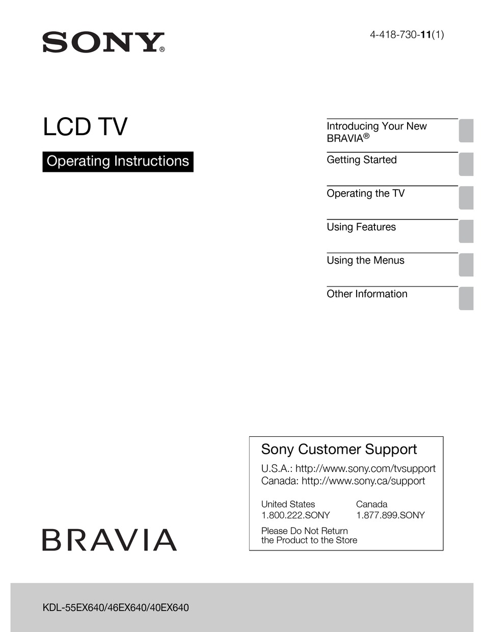 SONY BRAVIA KDL-55EX640 OPERATING INSTRUCTIONS MANUAL Pdf Download