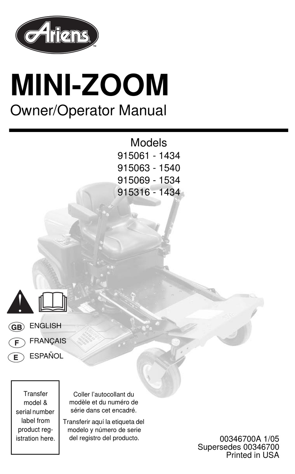 ARIENS MINIZOOM 9150611434 OWNER