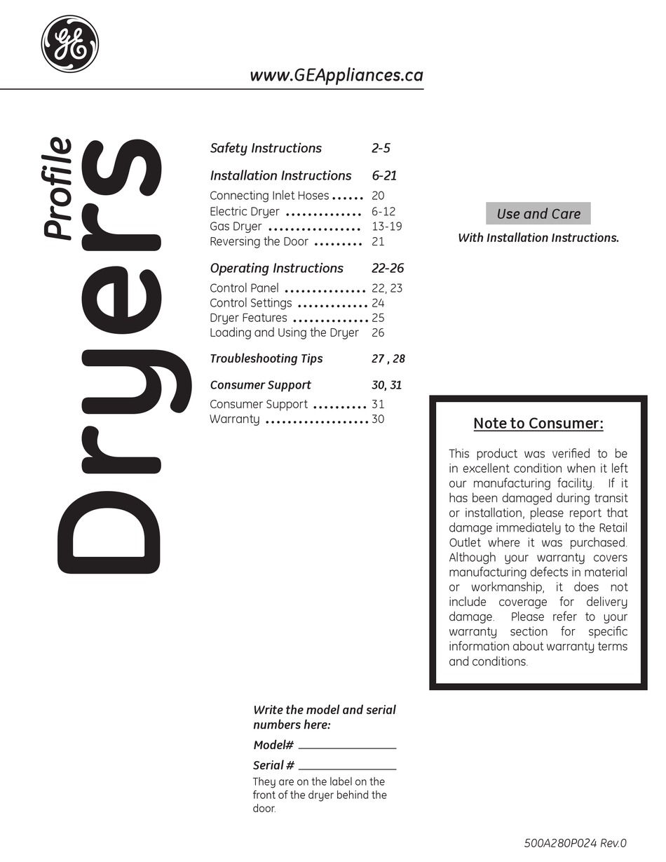 GE PROFILE DRYERS USE AND CARE MANUAL Pdf Download ManualsLib