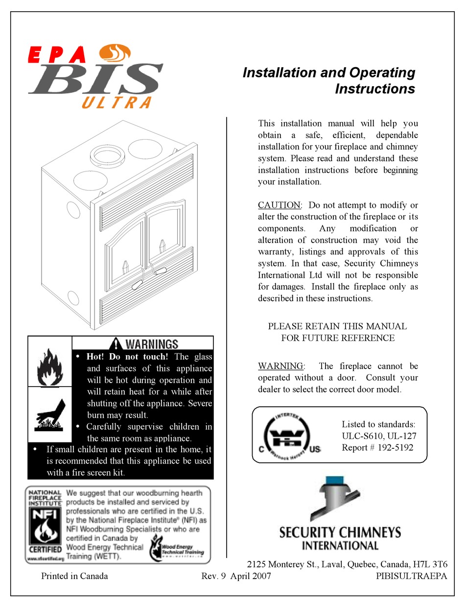SECURITY CHIMNEYS INTERNATIONAL EPA BIS ULTRA INSTALLATION AND