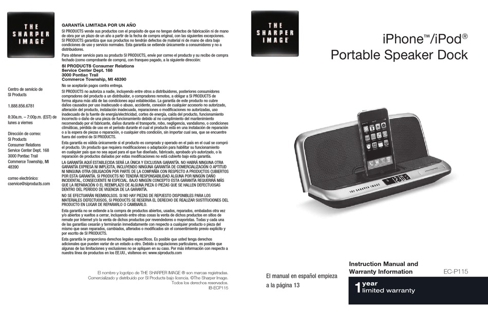 SHARPER IMAGE ECP115 INSTRUCTION MANUAL AND WARRANTY INFORMATION Pdf