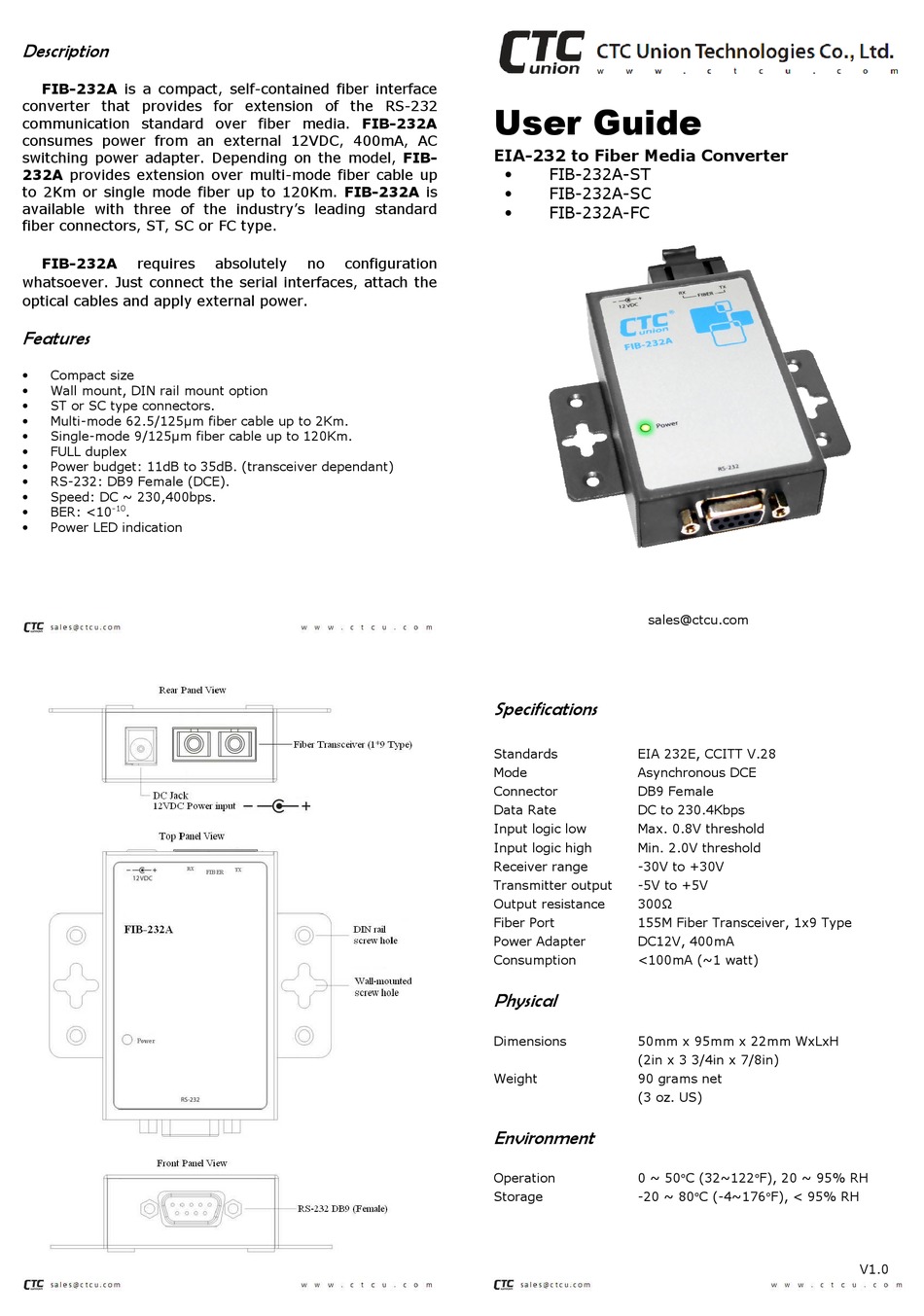 CTC UNION FIB-232A-ST USER MANUAL Pdf Download | ManualsLib