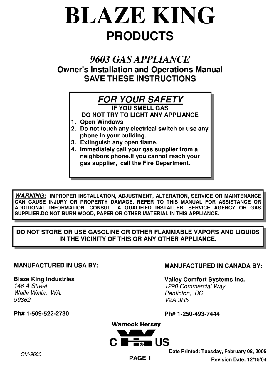 BLAZE KING 9603 OWNER'S INSTALLATION AND OPERATION MANUAL Pdf Download