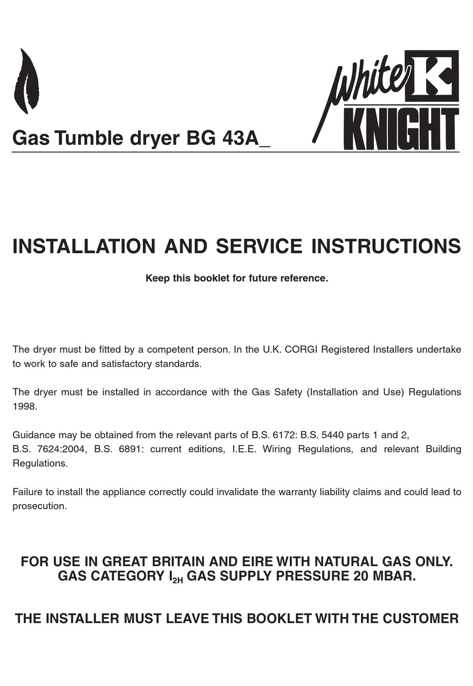 White Knight Bg 43a Installation And Service Instructions Manual Pdf Download Manualslib