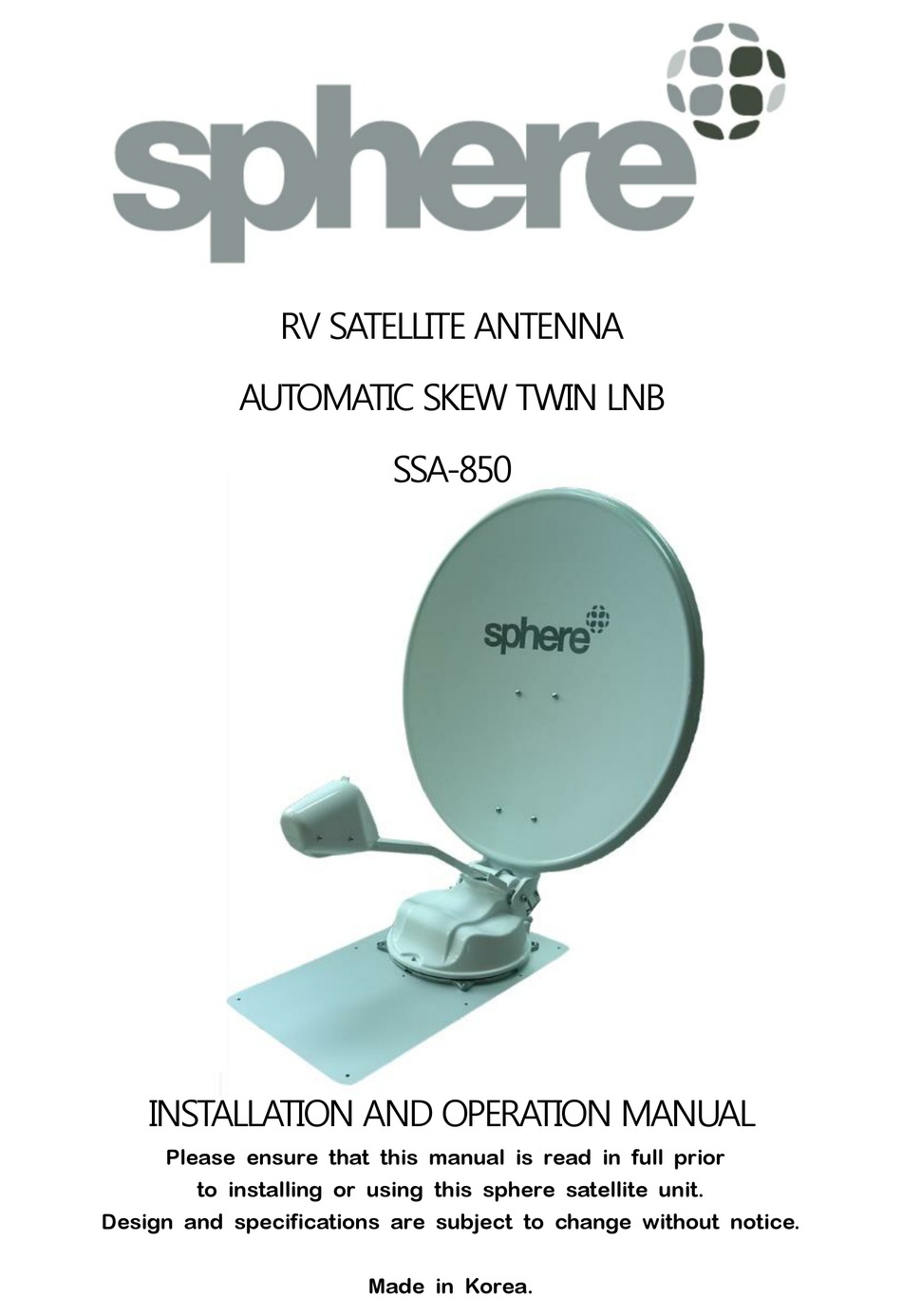 SPHERE SSA850 INSTALLATION AND OPERATION MANUAL Pdf Download ManualsLib