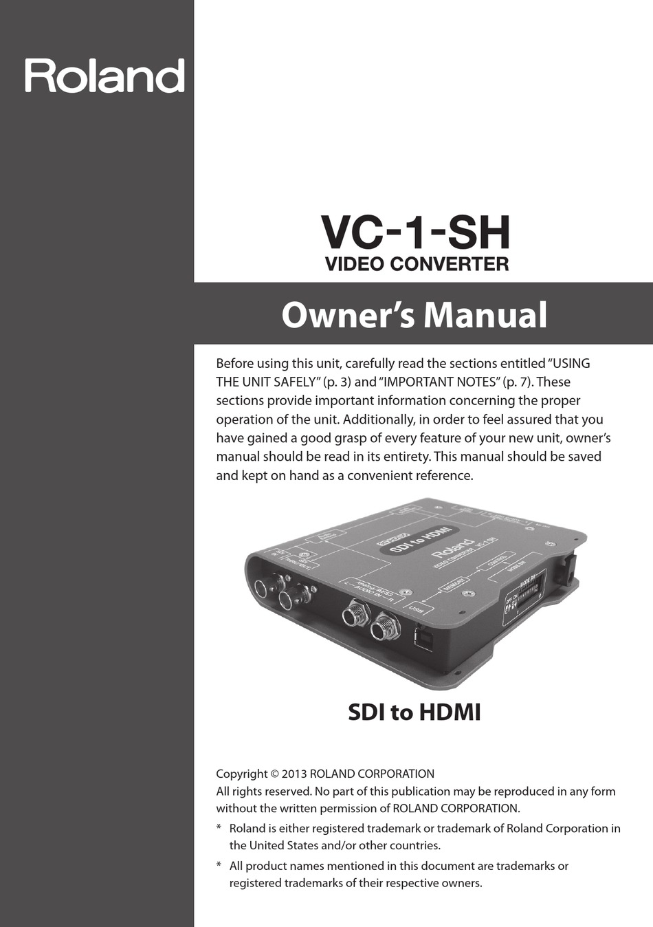 ROLAND VC-1-SH OWNER'S MANUAL Pdf Download | ManualsLib