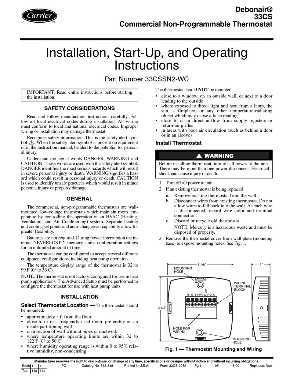 CARRIER DEBONAIR 33CS INSTALLATION AND OPERATING INSTRUCTIONS Pdf ...