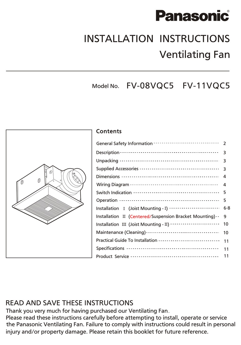 PANASONIC FV-08VQC5 INSTALLATION INSTRUCTIONS MANUAL Pdf Download