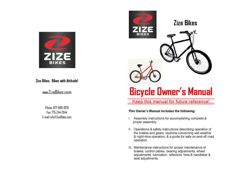 ZIZE BICYCLE OWNER'S MANUAL Pdf Download ManualsLib