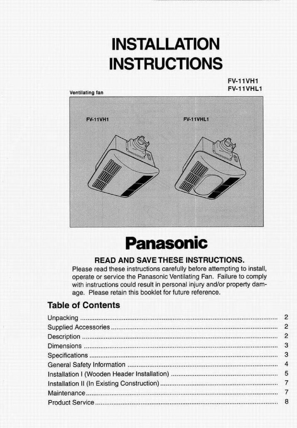 PANASONIC FV-11VH1 INSTALLATION INSTRUCTIONS MANUAL Pdf Download |  ManualsLib