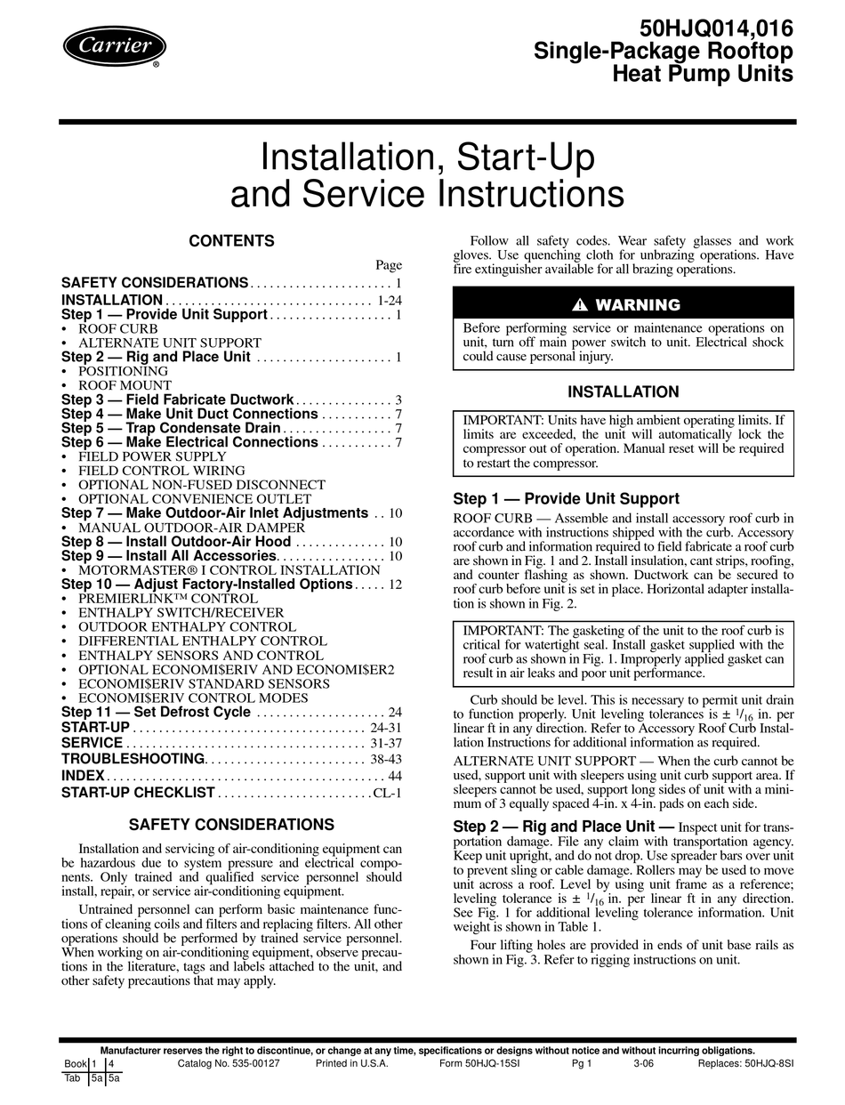 CARRIER 50HJQ014 INSTALLATION, START-UP AND SERVICE INSTRUCTIONS MANUAL ...