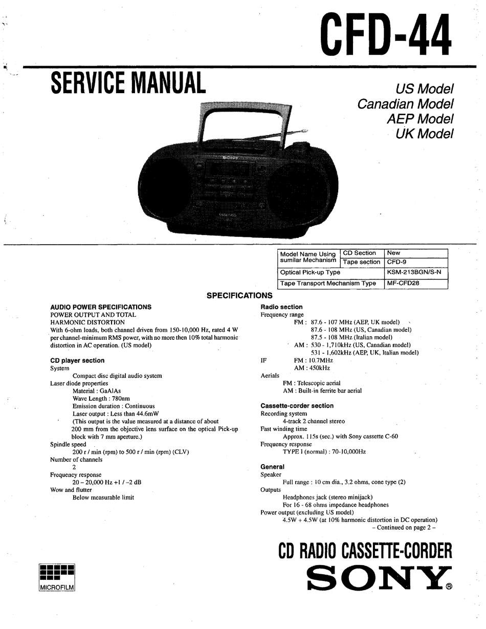 Sony CFD-W888 CD Radio Cassette Recorder Manual