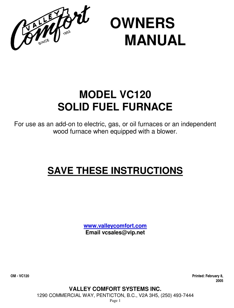 VALLEY COMFORT SYSTEMS VC120 OWNER'S MANUAL Pdf Download | ManualsLib