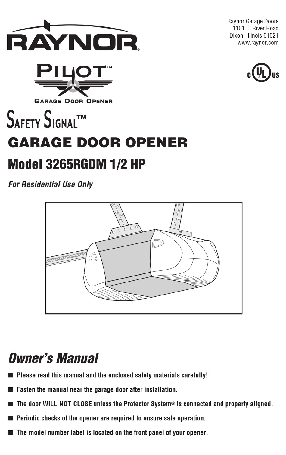 Raynor Pilot 1/2 Hp Garage Door Opener Manual