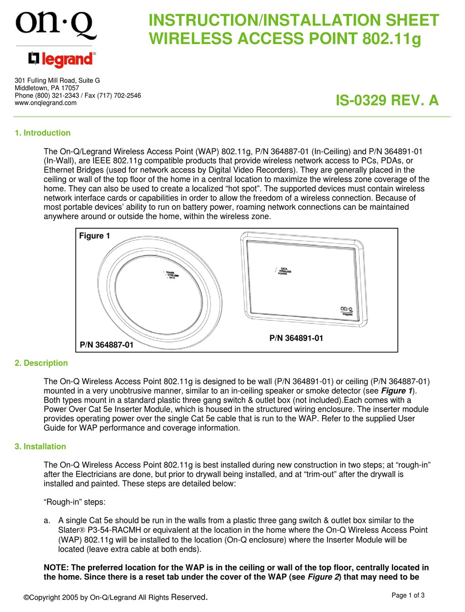 ONQ/LEGRAND 36488701 INSTRUCTION/INSTALLATION SHEET Pdf Download