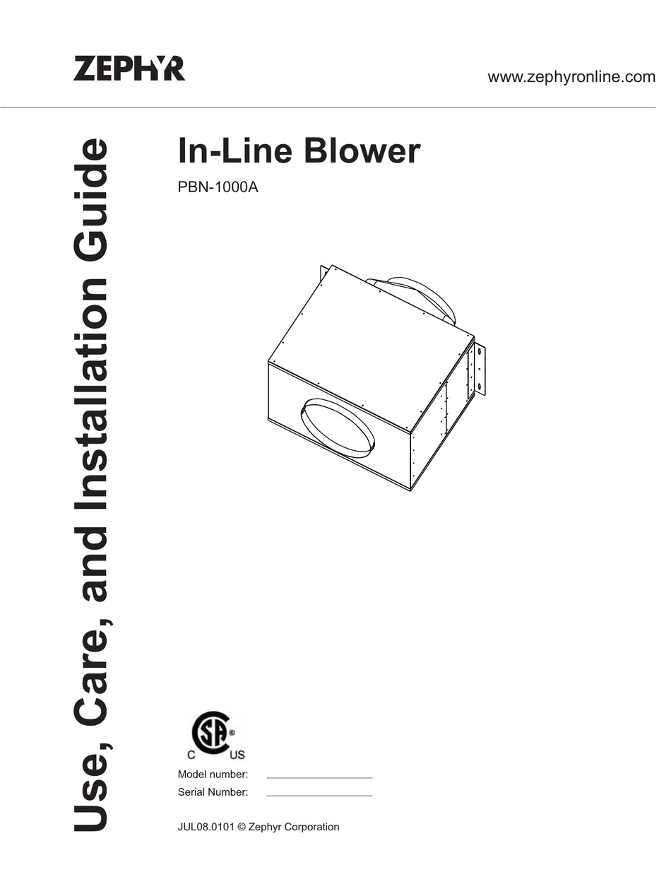 ZEPHYR PBN1000A USE, CARE AND INSTALLATION MANUAL Pdf Download