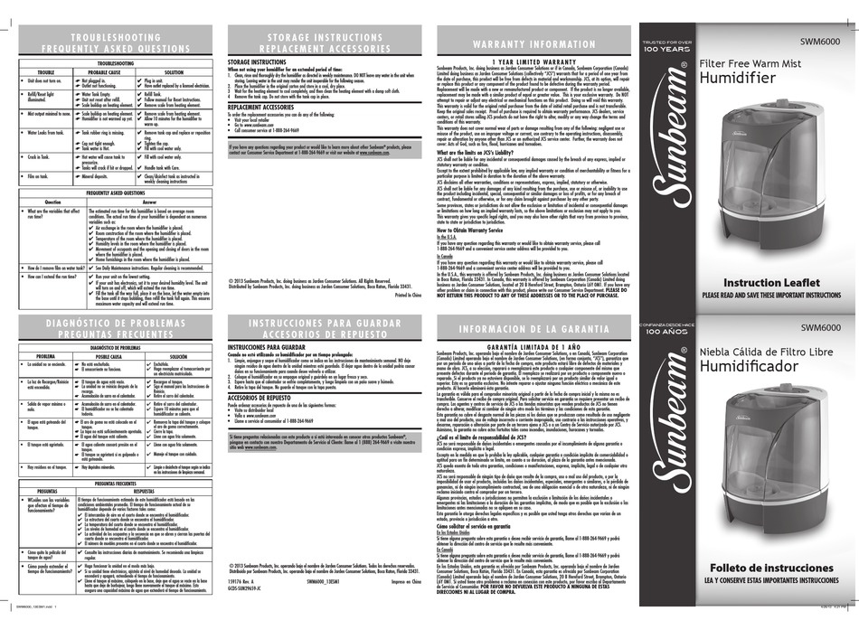 SUNBEAM SWM6000 INSTRUCTION LEAFLET Pdf Download | ManualsLib