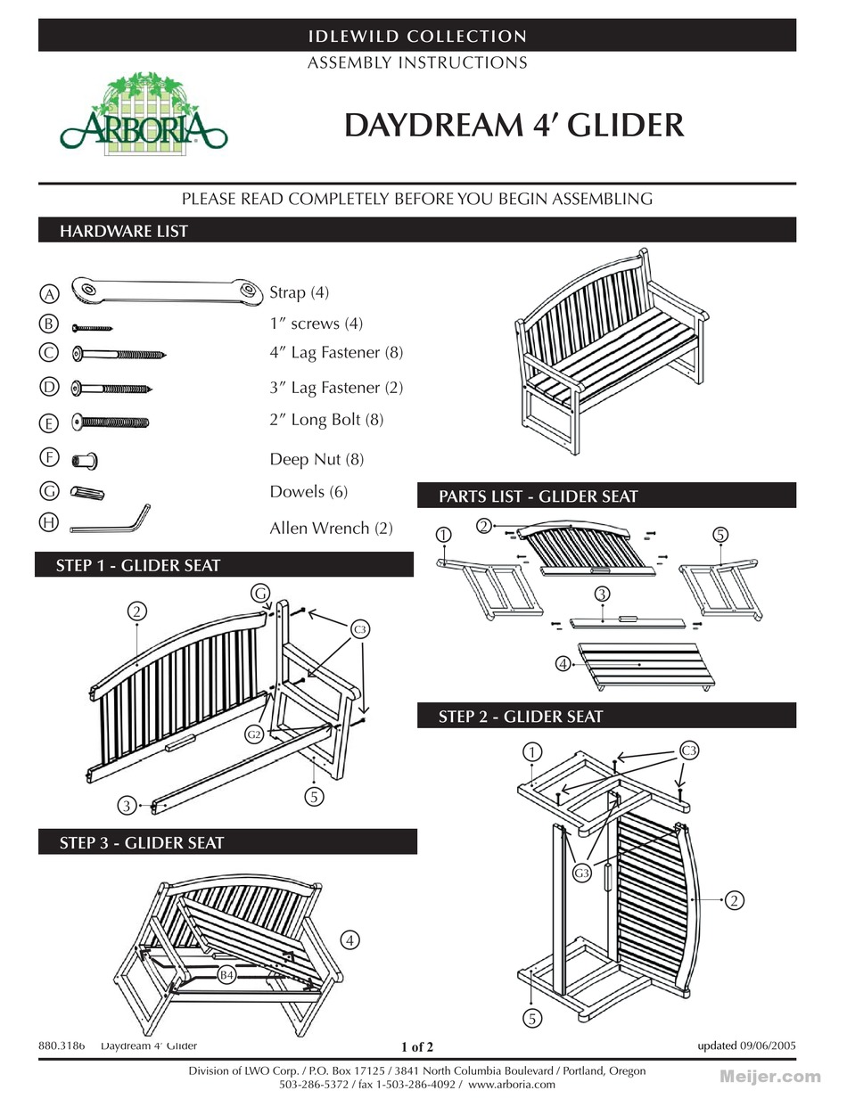 ARBORIA DAYDREAM 4’ GLIDER ASSEMBLY INSTRUCTIONS Pdf Download ManualsLib