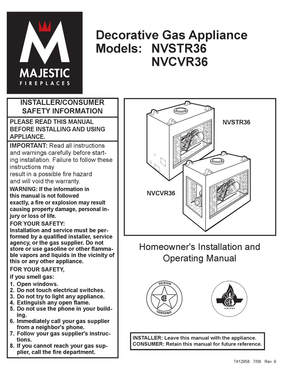 MAJESTIC FIREPLACES NVSTR36 INSTALLATION AND OPERATING MANUAL Pdf