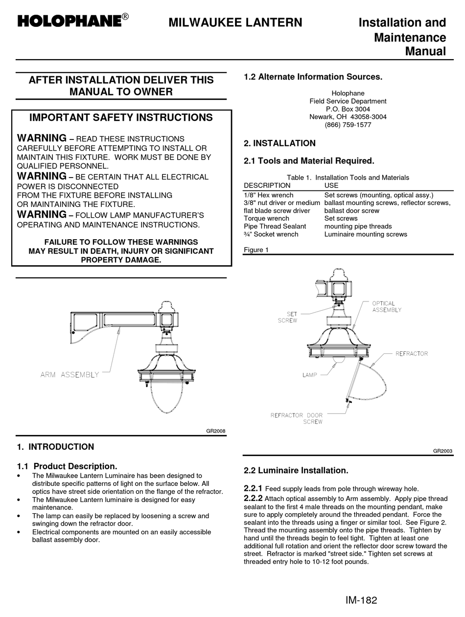 HOLOPHANE MILWAUKEE LANTERN INSTALLATION AND MAINTENANCE MANUAL Pdf