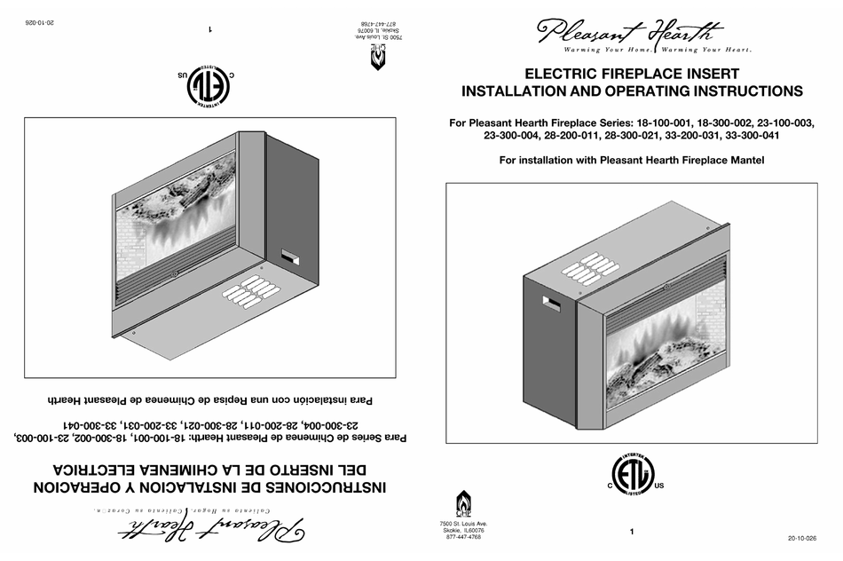 PLEASANT HEARTH 18100001 INSTALLATION AND OPERATING INSTRUCTIONS