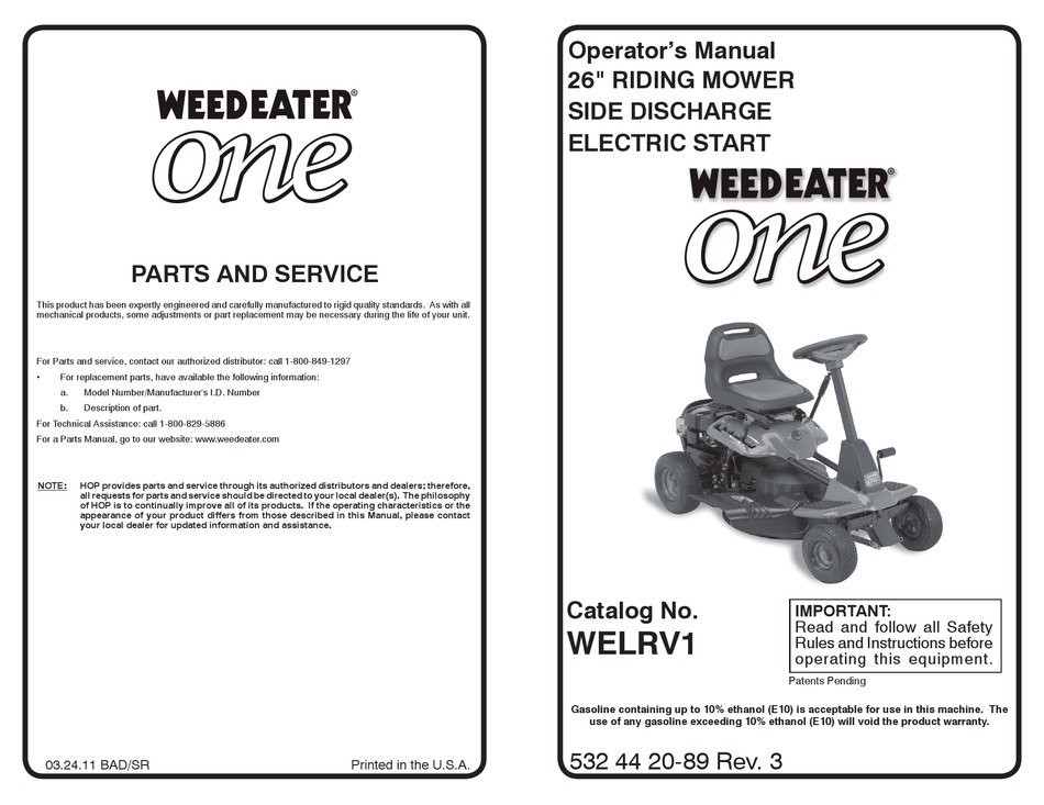 WEED EATER ONE WELRV1 OPERATOR'S MANUAL Pdf Download ManualsLib