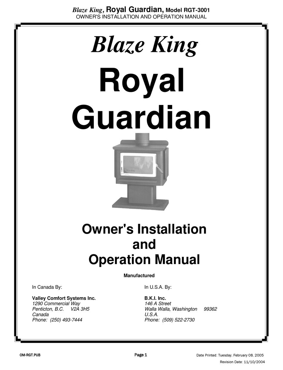 BLAZE KING ROYAL GUARDIAN RGT3001 OWNER'S INSTALLATION AND OPERATION