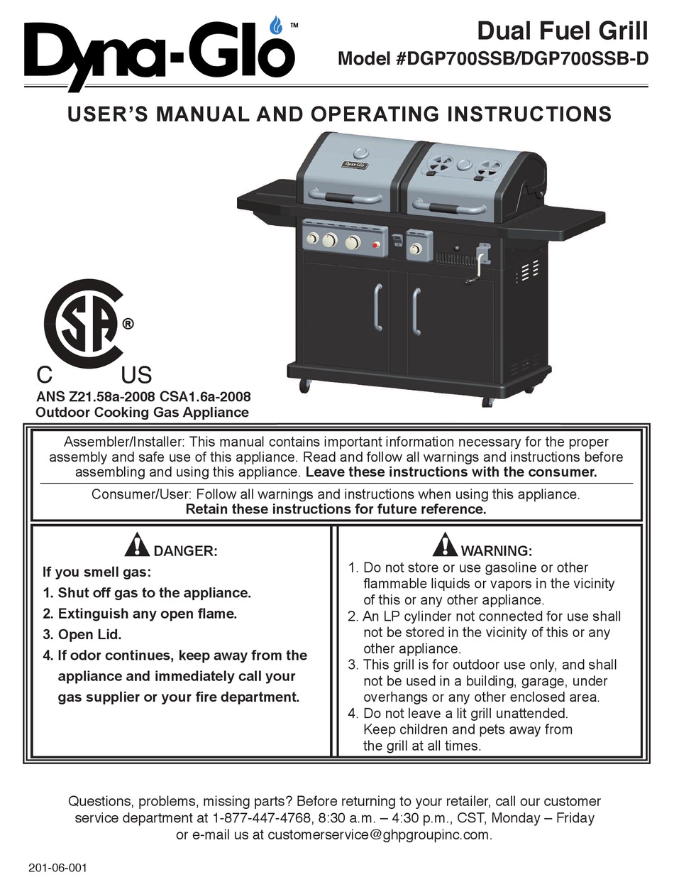 DYNAGLO DGP700SSB USER'S MANUAL AND OPERATING INSTRUCTIONS Pdf